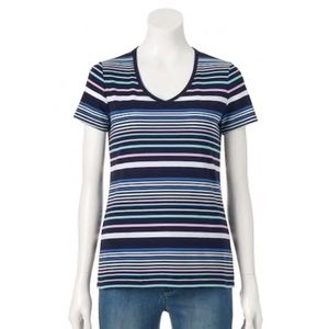 XL Navy Multi-Stripe Croft & Barrow Short Sleeve V-Neck T